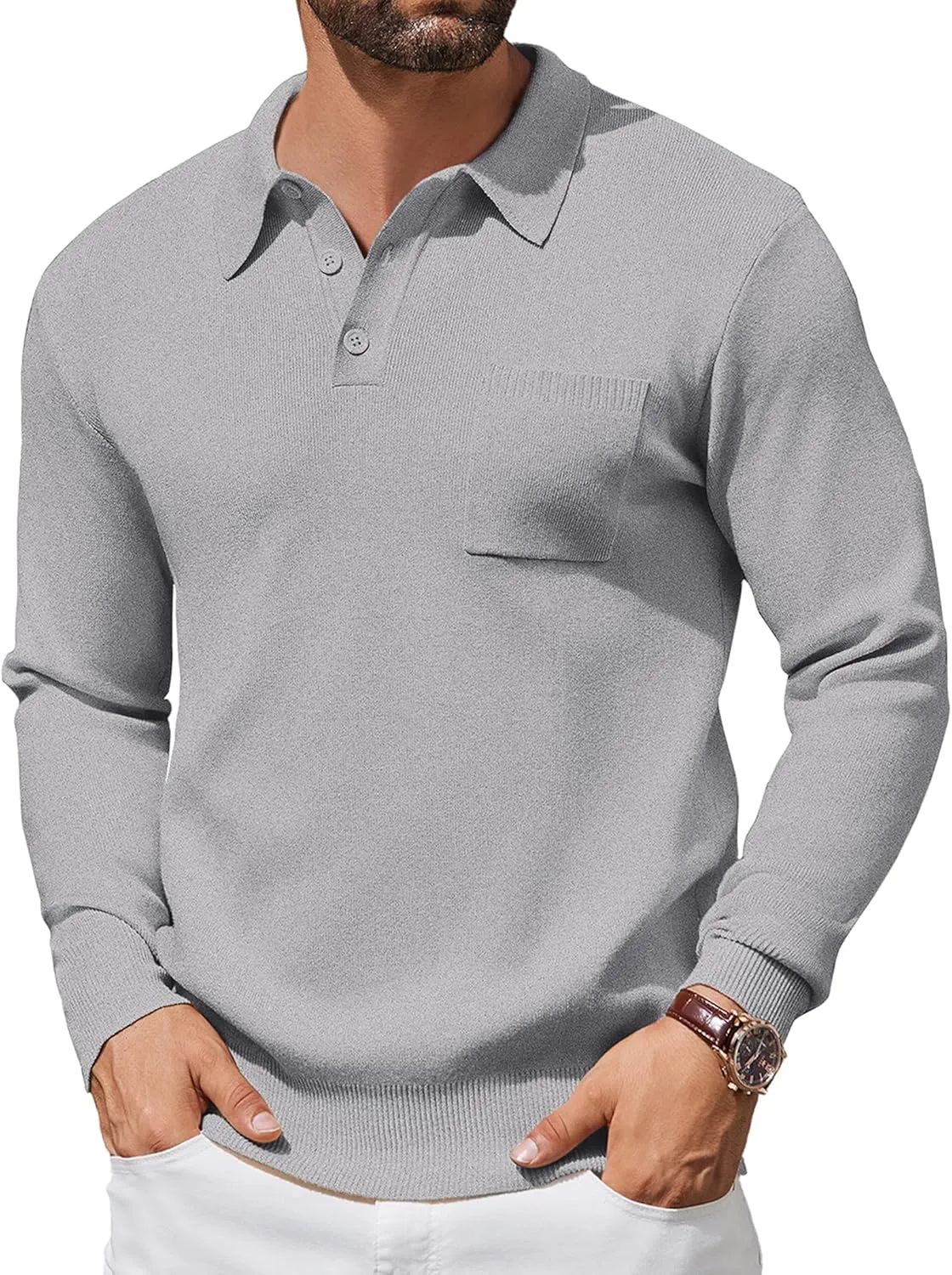 COOFANDY Mens Long Sleeve Polo Sweater Knit Polo Casual Heavyweight Thermal Pullover Sweater with Pocket