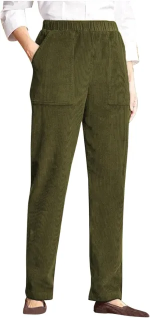 Corduroy Pants for Women 2024 Pull On Straight Leg Slacks Elastic High Waist Trousers Soft Comfy Casual Pants