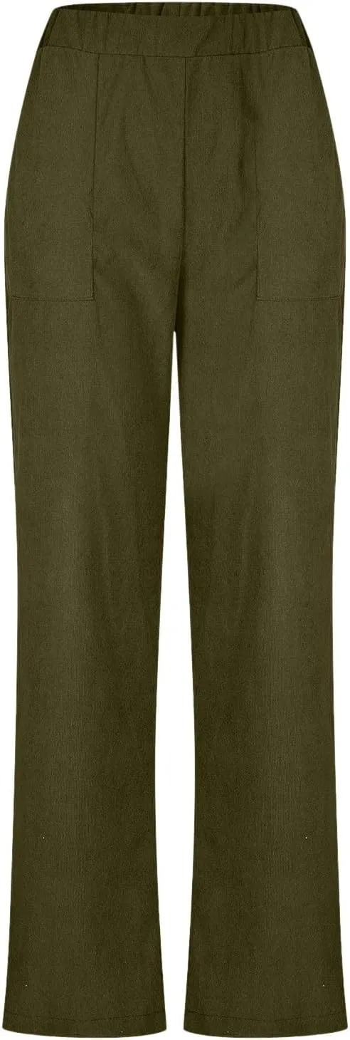 Corduroy Pants for Women 2024 Pull On Straight Leg Slacks Elastic High Waist Trousers Soft Comfy Casual Pants