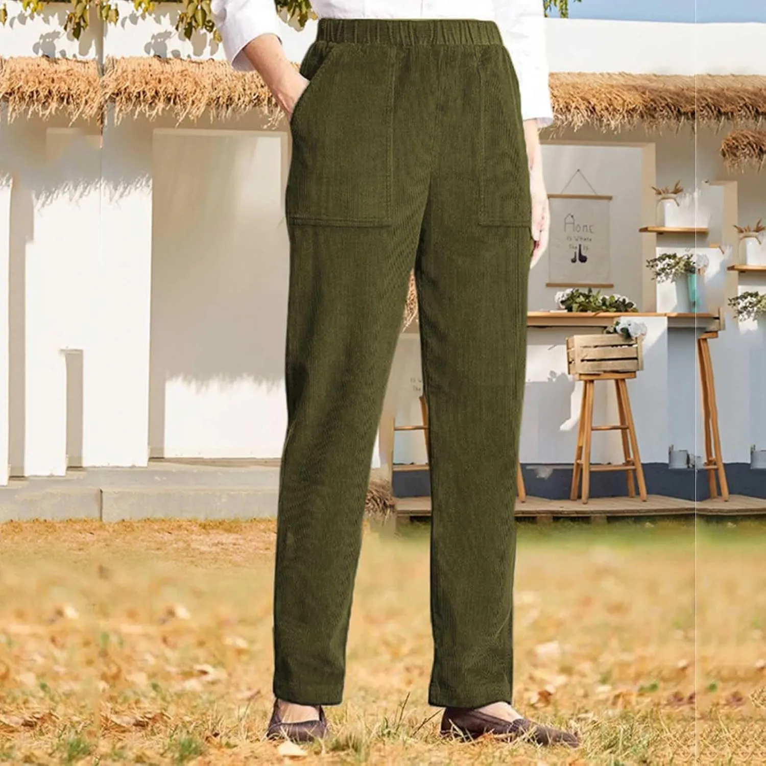Corduroy Pants for Women 2024 Pull On Straight Leg Slacks Elastic High Waist Trousers Soft Comfy Casual Pants