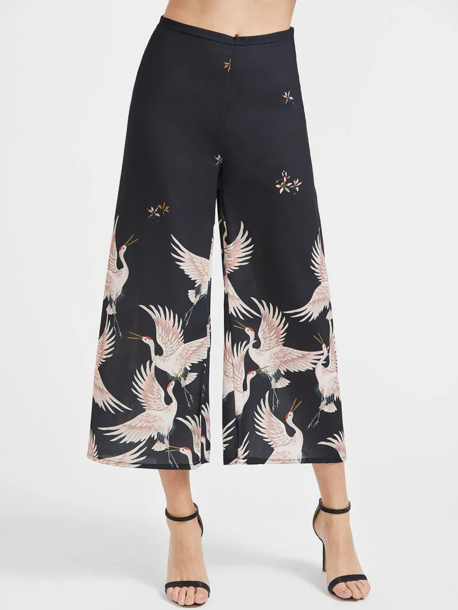 Crane Print Wide Leg Pants
