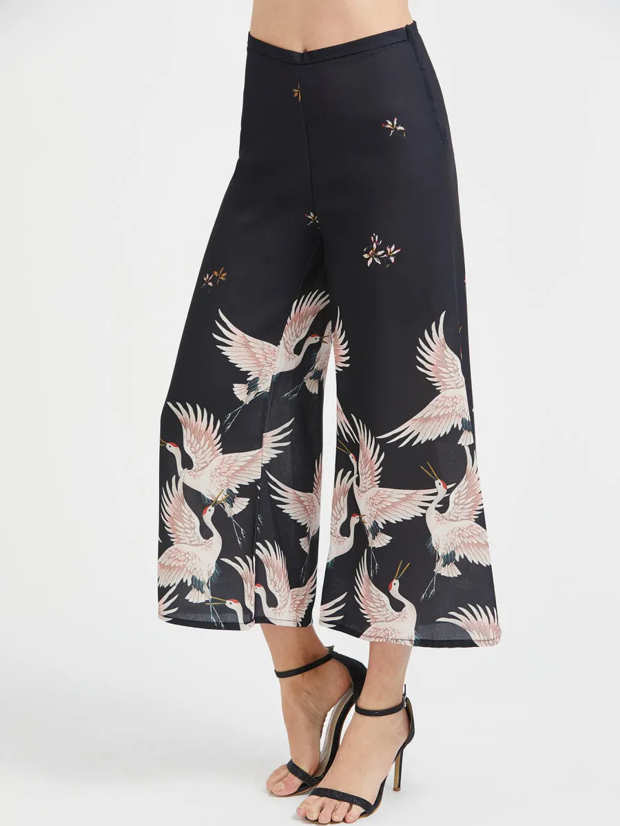 Crane Print Wide Leg Pants