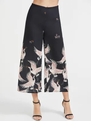 Crane Print Wide Leg Pants