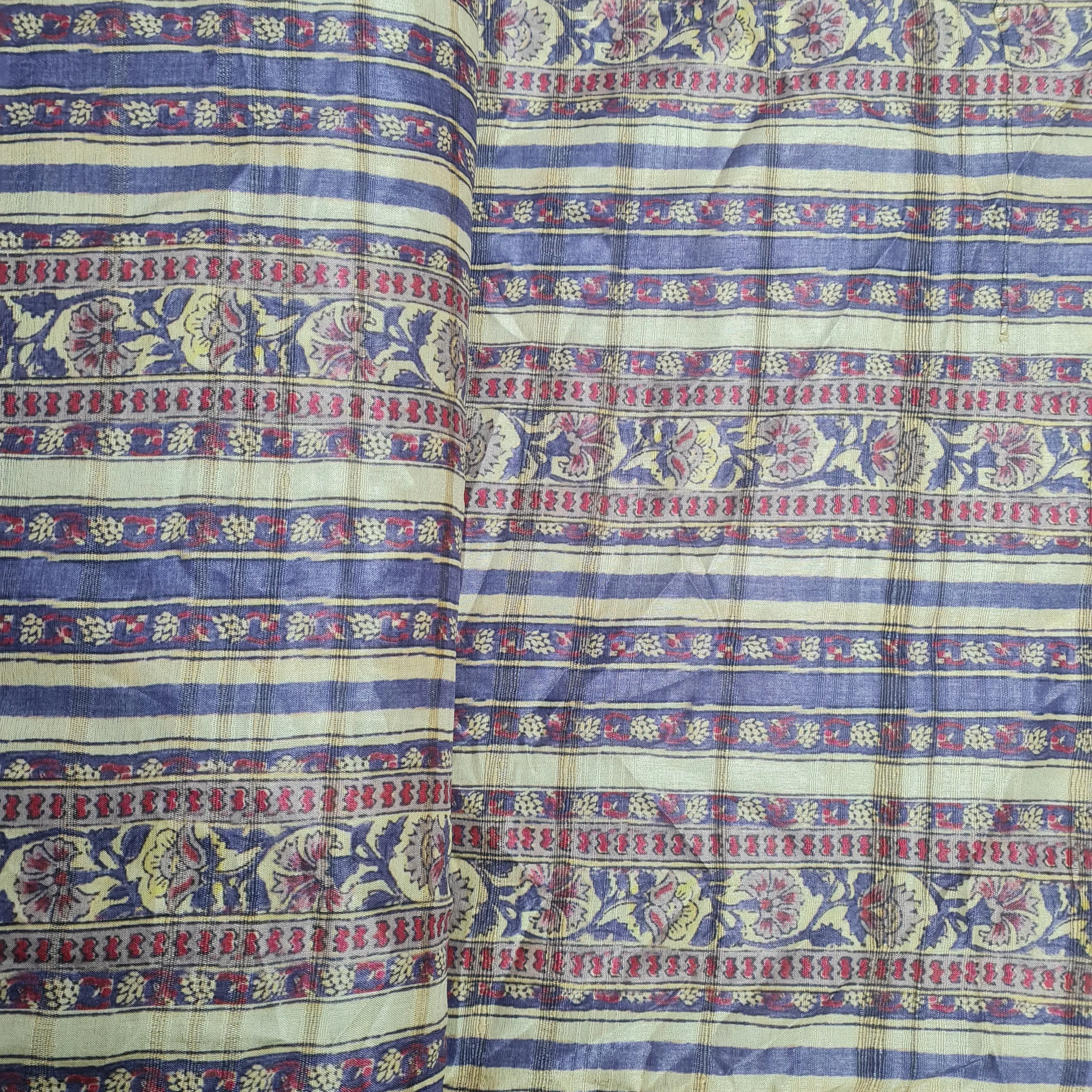 Cream With Blue Traditional Floral Print Dobby Tusser Silk Fabric