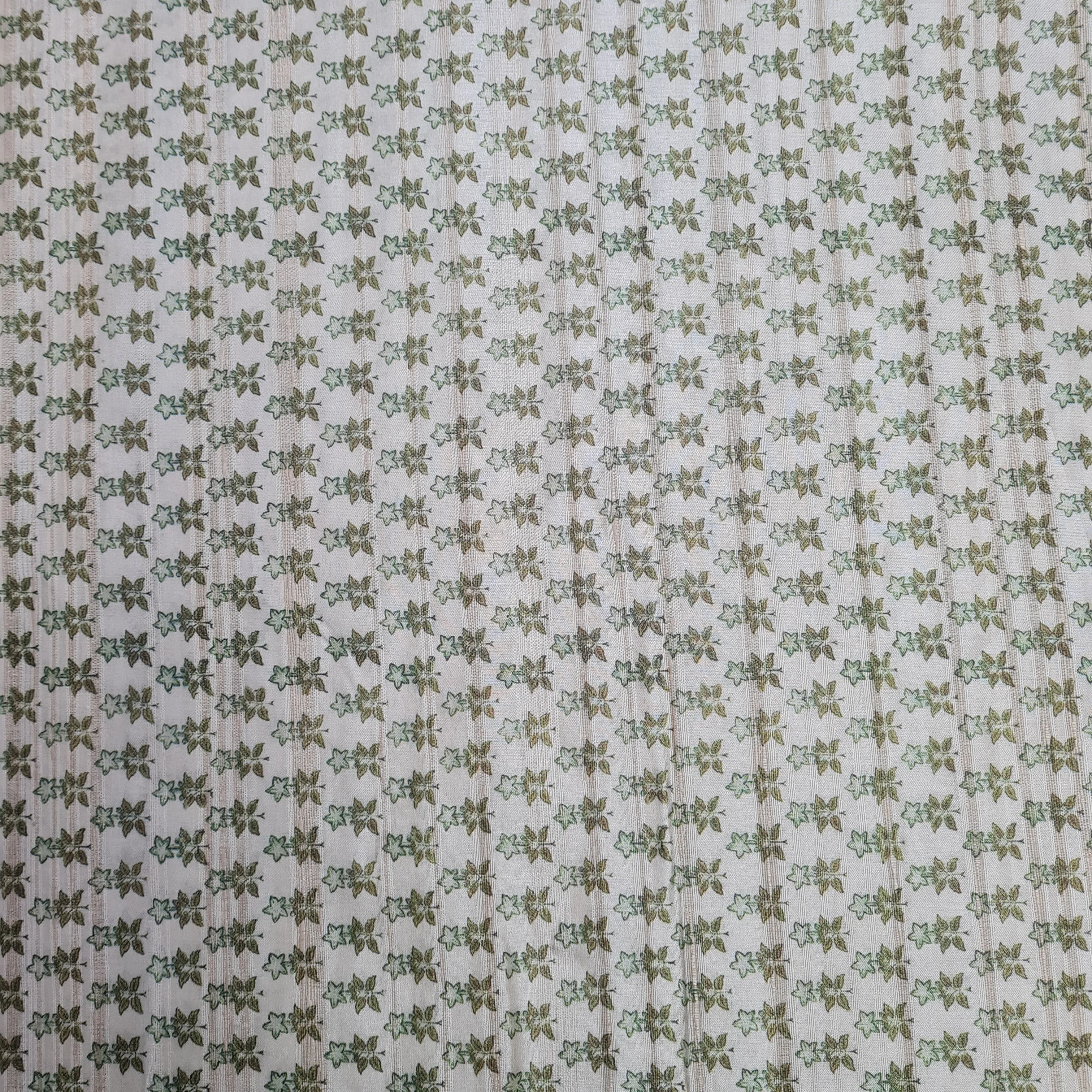 Cream With Green Floral Print Dobby Tusser Silk Fabric