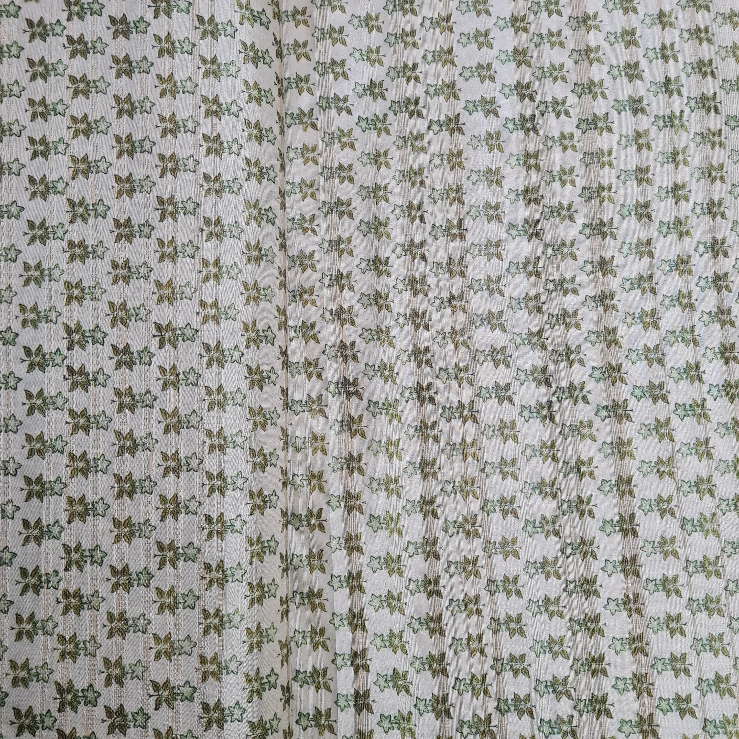 Cream With Green Floral Print Dobby Tusser Silk Fabric