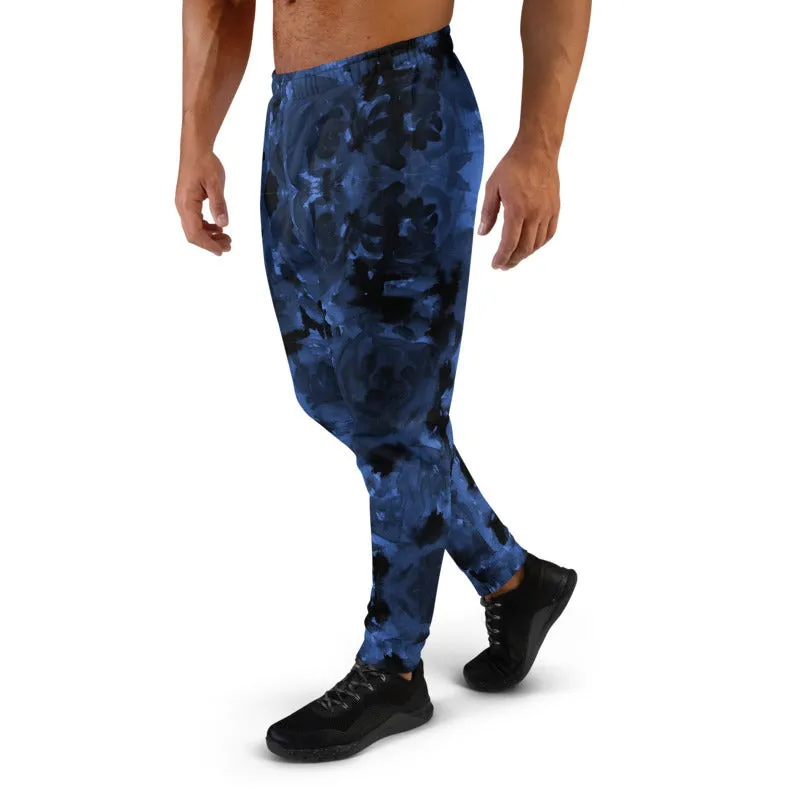 Dark Blue Floral Men's Joggers, Abstract Designer Comfortable Pants For Men-Made in USA/EU/MX