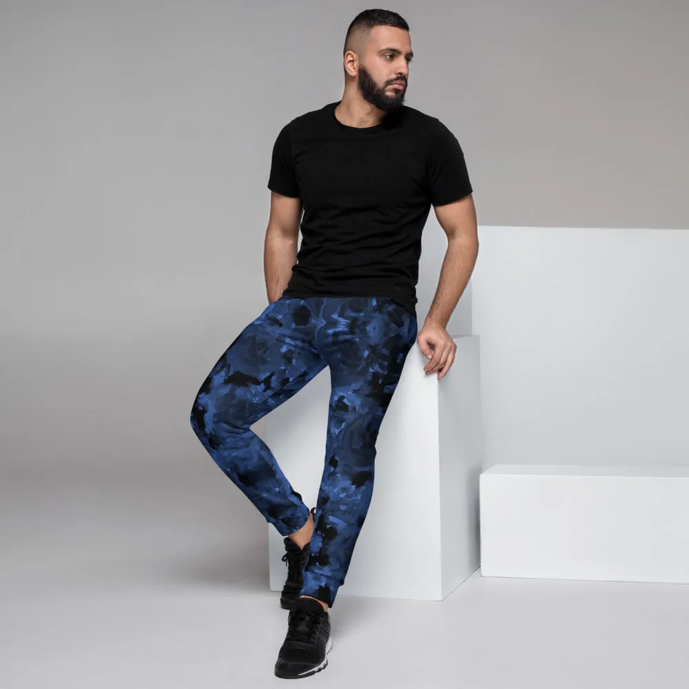 Dark Blue Floral Men's Joggers, Abstract Designer Comfortable Pants For Men-Made in USA/EU/MX