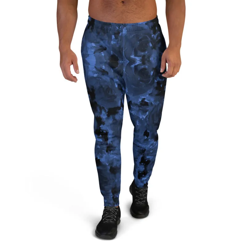 Dark Blue Floral Men's Joggers, Abstract Designer Comfortable Pants For Men-Made in USA/EU/MX