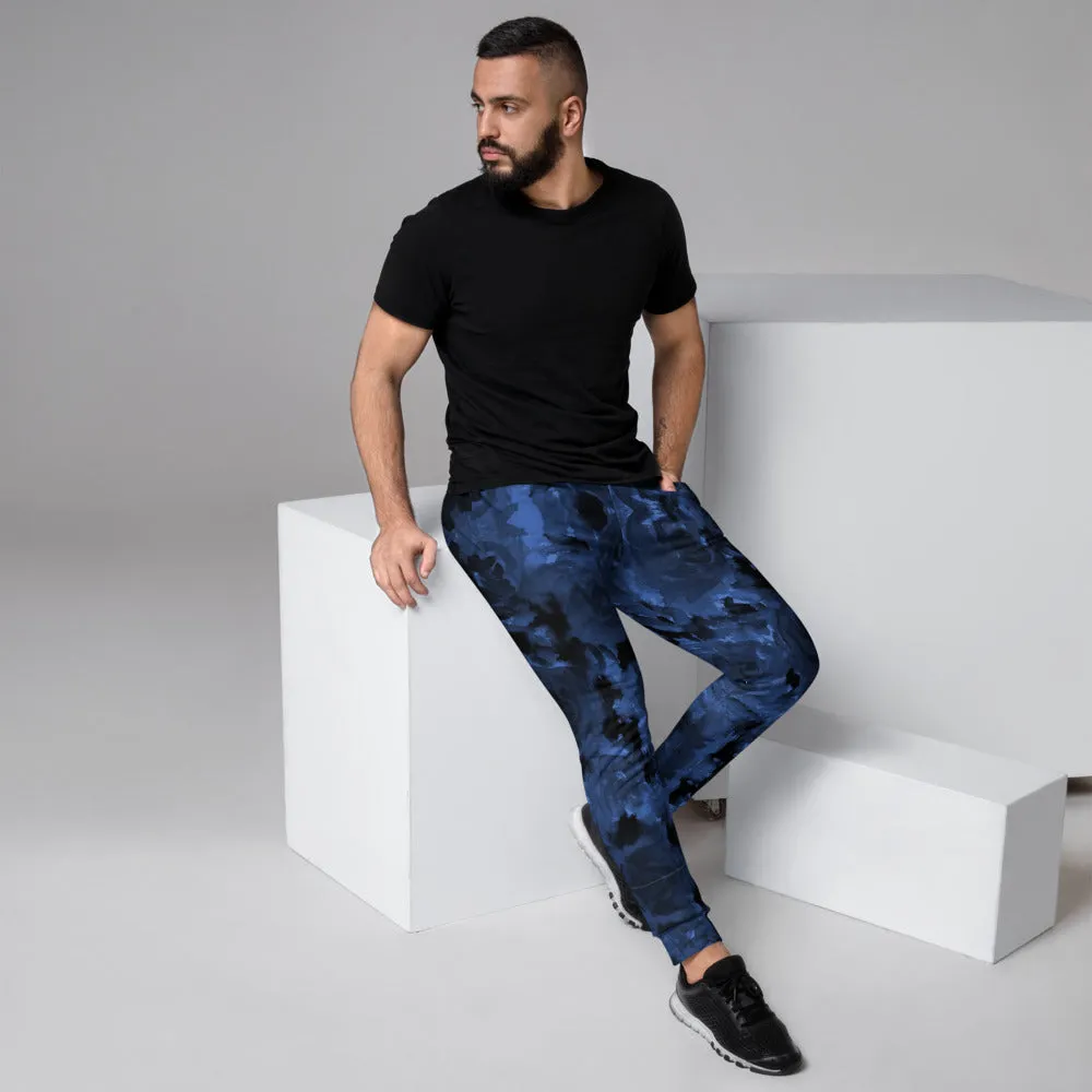 Dark Blue Floral Men's Joggers, Abstract Designer Comfortable Pants For Men-Made in USA/EU/MX
