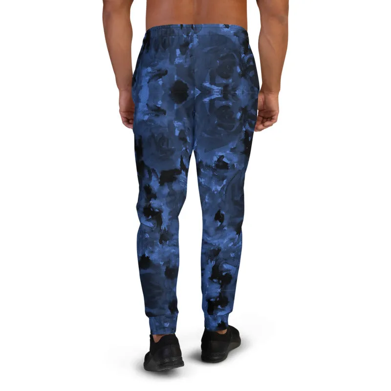 Dark Blue Floral Men's Joggers, Abstract Designer Comfortable Pants For Men-Made in USA/EU/MX