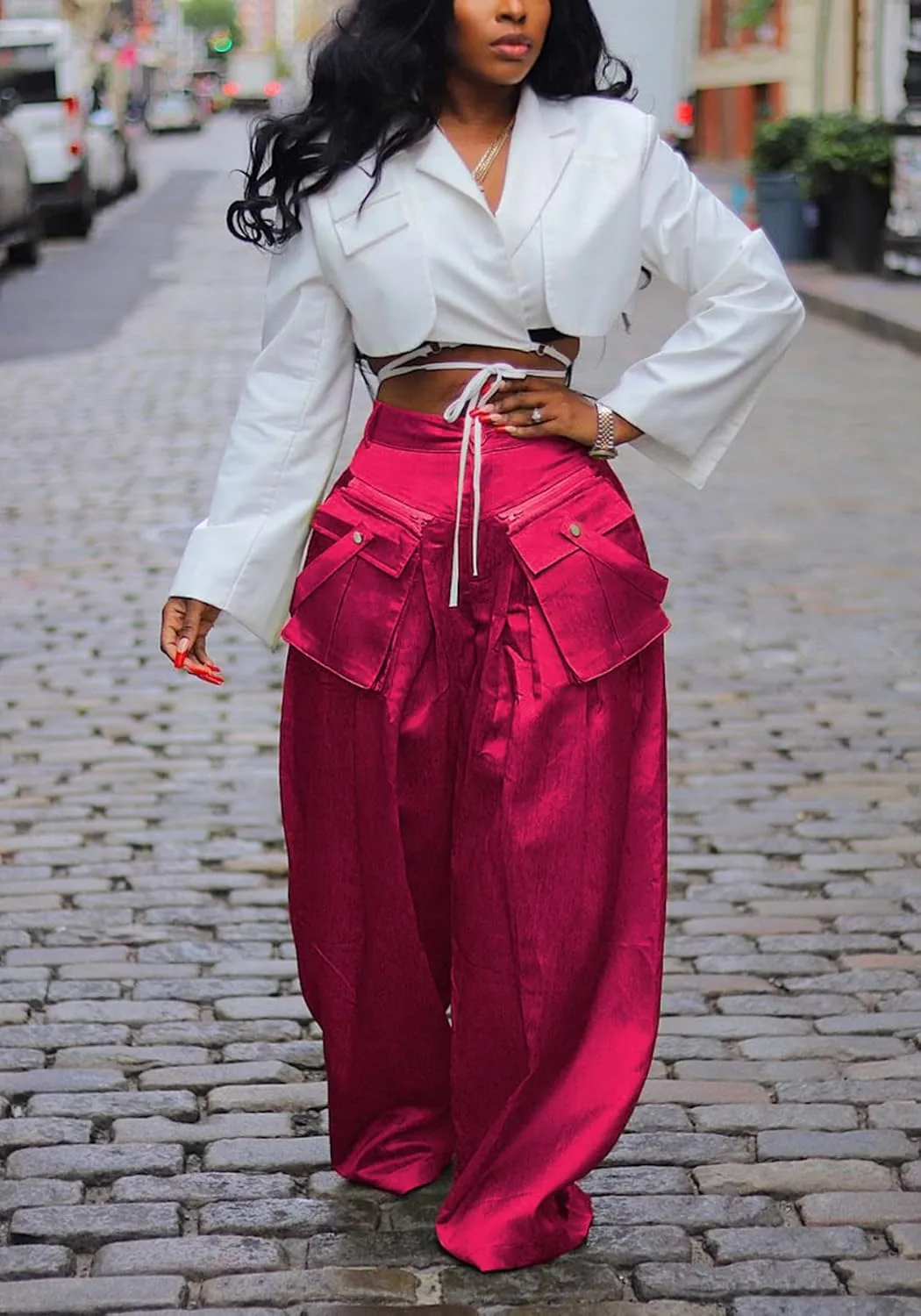 DINGANG High Waisted Wide Leg Cargo Pants Women Flowy Casual Pants with Zippers Pockets