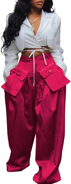 DINGANG High Waisted Wide Leg Cargo Pants Women Flowy Casual Pants with Zippers Pockets