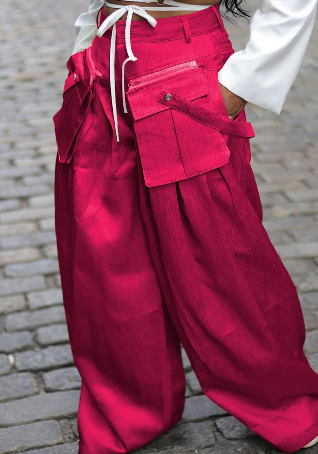 DINGANG High Waisted Wide Leg Cargo Pants Women Flowy Casual Pants with Zippers Pockets