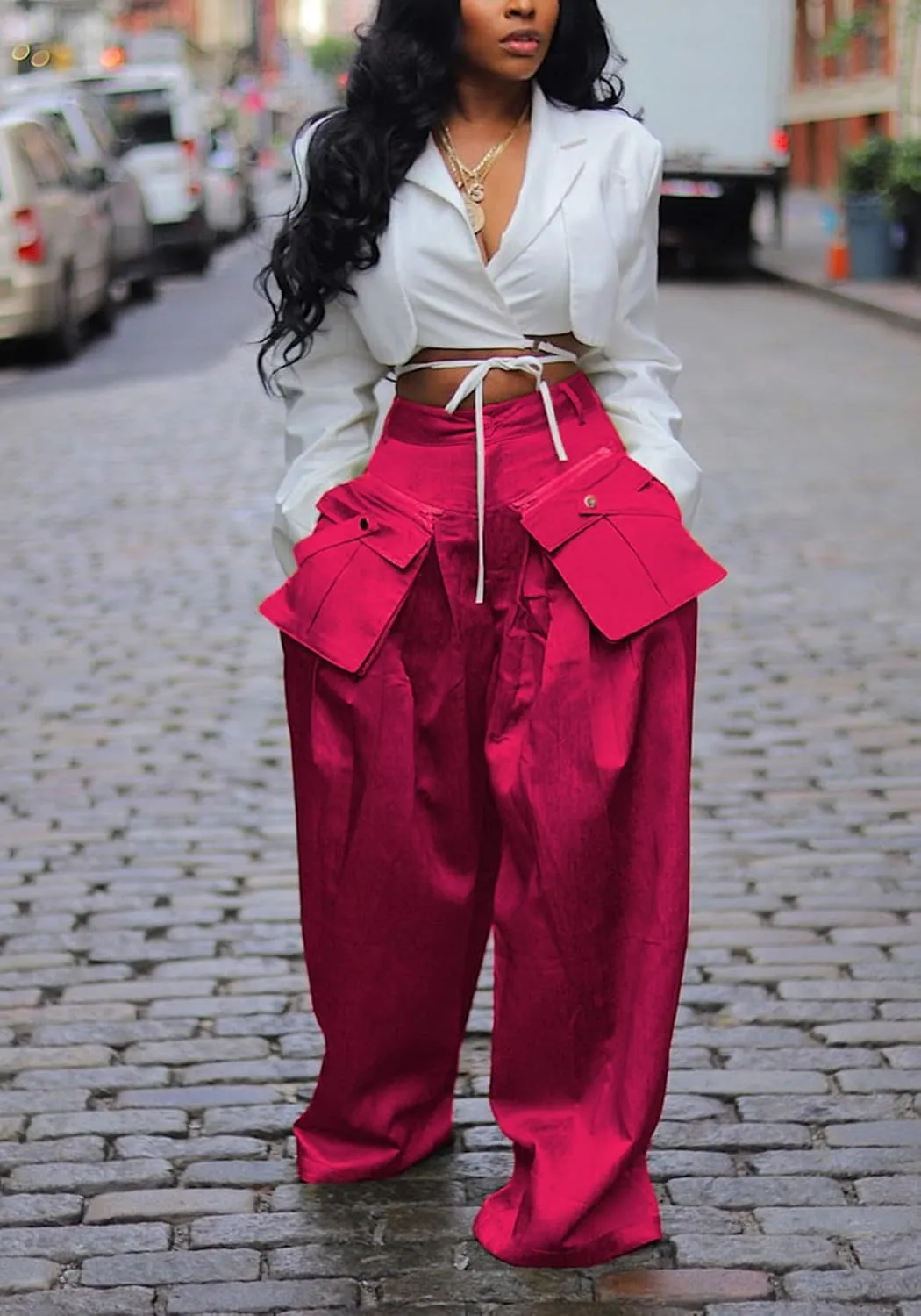 DINGANG High Waisted Wide Leg Cargo Pants Women Flowy Casual Pants with Zippers Pockets