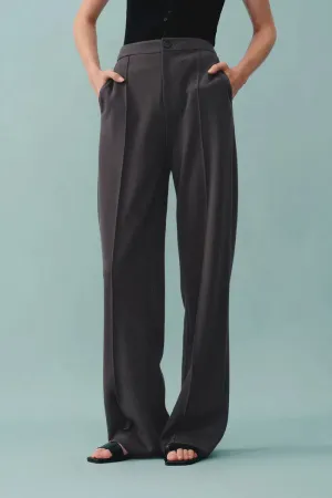 Domi Dark Grey Buttoned Straight Leg Sweatpants in Tencel-Wool Blend