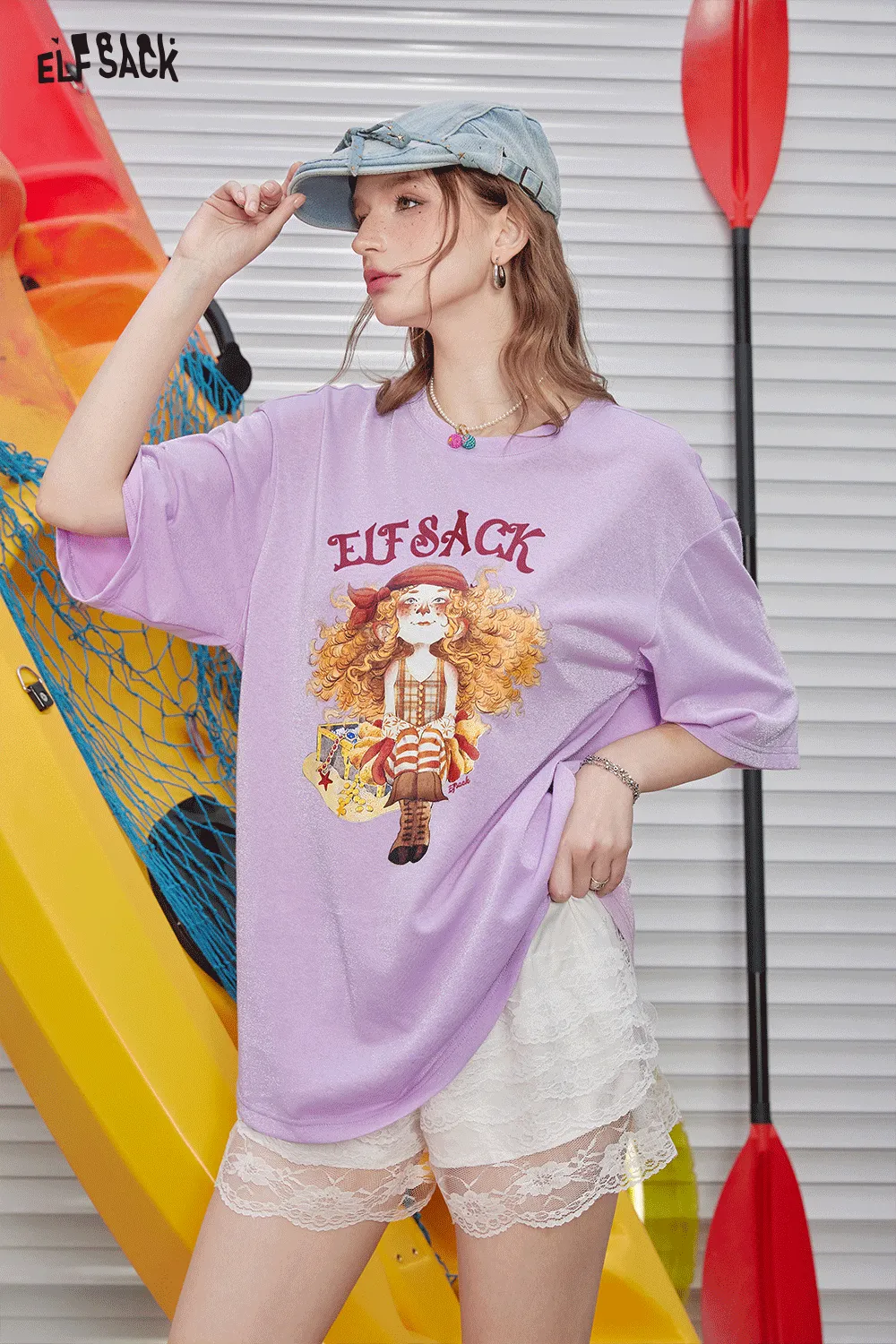 ELFSACK 2024 Summer New Arrivals Loose bright silk printed short sleeved T-shirt for women, versatile and casual, slimming top