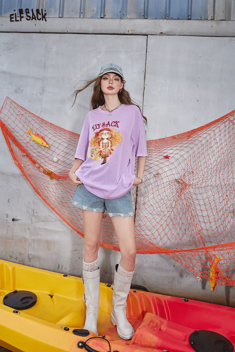 ELFSACK 2024 Summer New Arrivals Loose bright silk printed short sleeved T-shirt for women, versatile and casual, slimming top