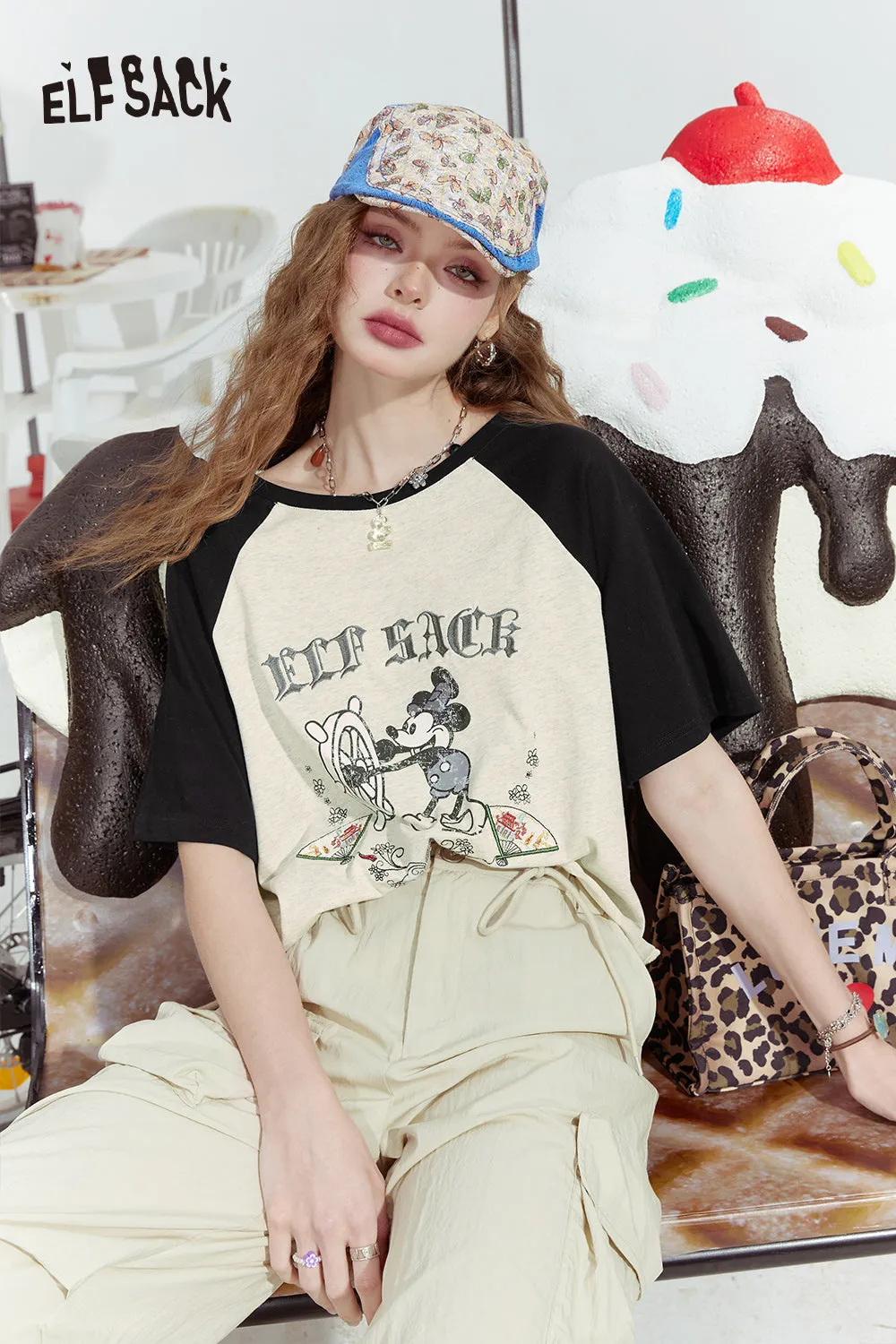 ELFSACK 2024 Summer New Mickey mottled print contrast color raglan versatile short sleeve T-shirt for women