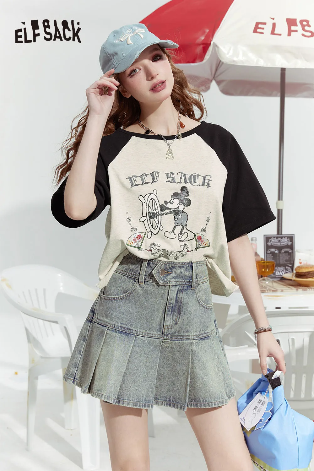 ELFSACK 2024 Summer New Mickey mottled print contrast color raglan versatile short sleeve T-shirt for women