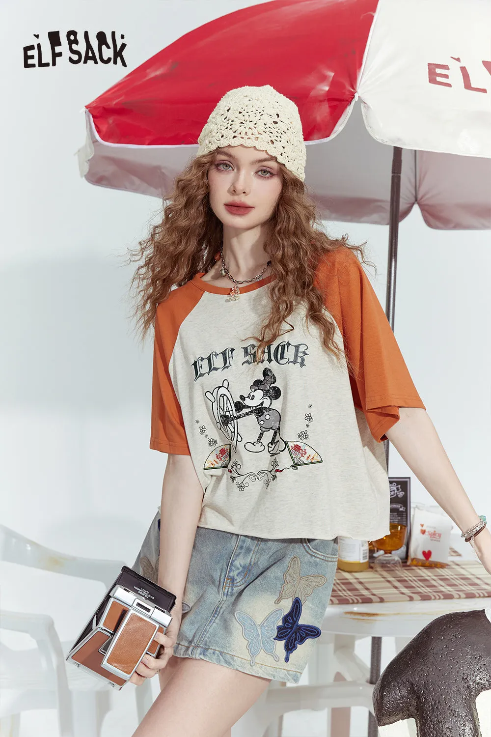 ELFSACK 2024 Summer New Mickey mottled print contrast color raglan versatile short sleeve T-shirt for women
