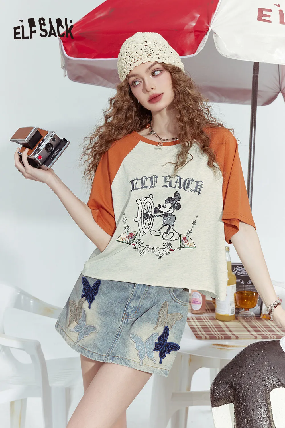 ELFSACK 2024 Summer New Mickey mottled print contrast color raglan versatile short sleeve T-shirt for women