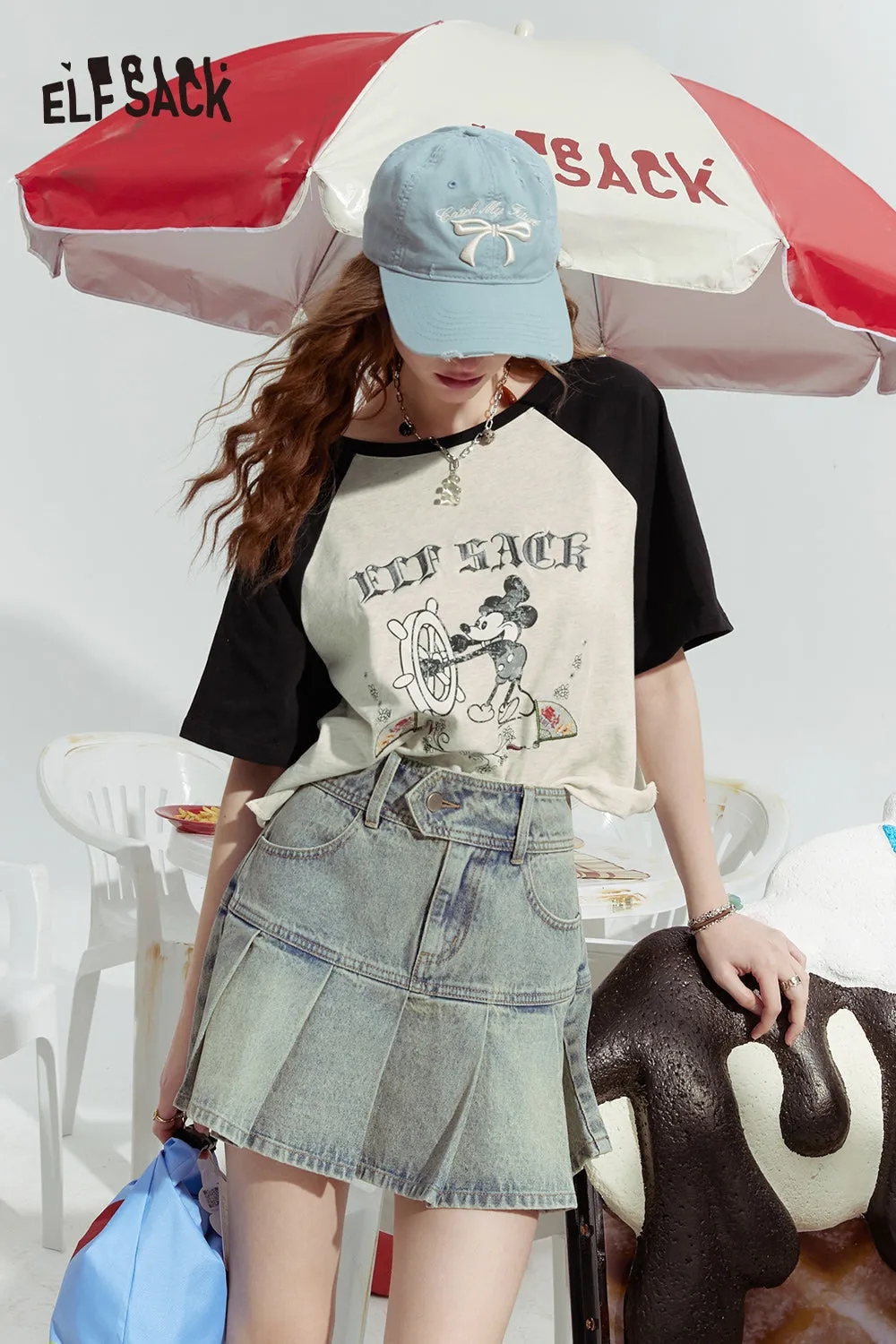 ELFSACK 2024 Summer New Mickey mottled print contrast color raglan versatile short sleeve T-shirt for women