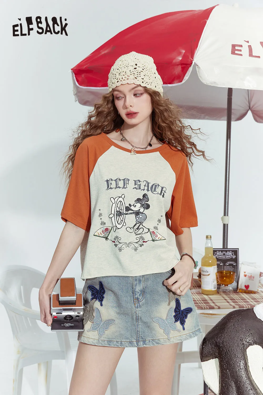 ELFSACK 2024 Summer New Mickey mottled print contrast color raglan versatile short sleeve T-shirt for women