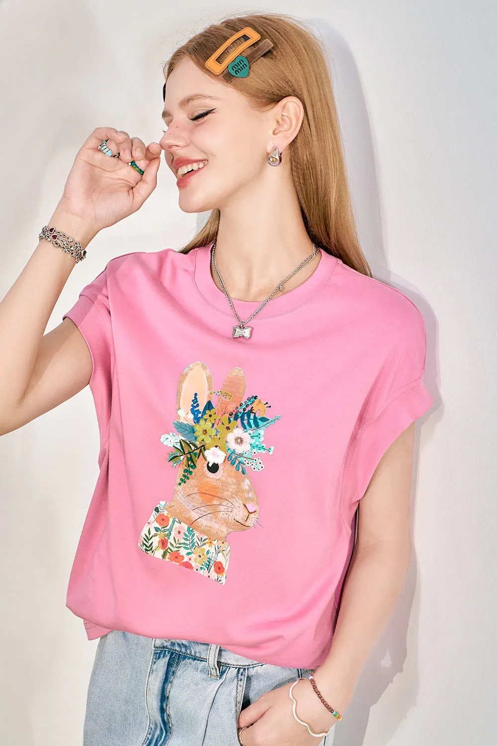 ELFSACK 2024 Summer New Rabbit Print Loose Short sleeved T-shirt Women's Design Versatile Top