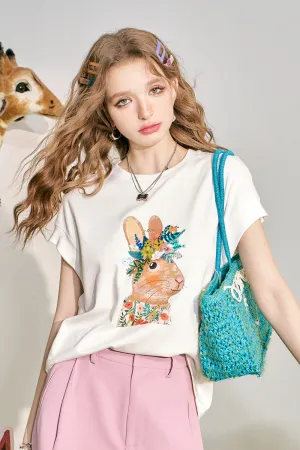 ELFSACK 2024 Summer New Rabbit Print Loose Short sleeved T-shirt Women's Design Versatile Top
