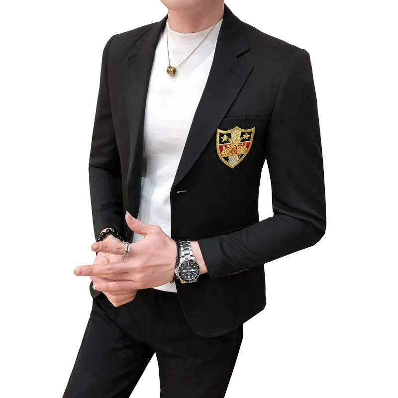 Embroidered Notch Lapel Cotton Polyester Blazer