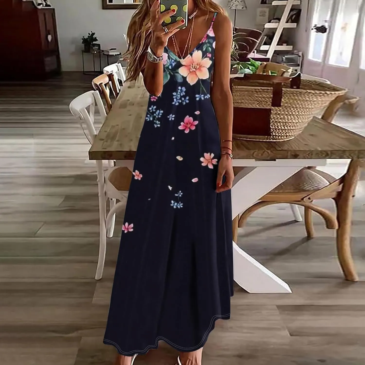 Floral Dress Beach Dress Boho Spaghetti Strap V Neck Flowy Maxi Long Sundress Summer Dresses for Women 2025 Sleeveless
