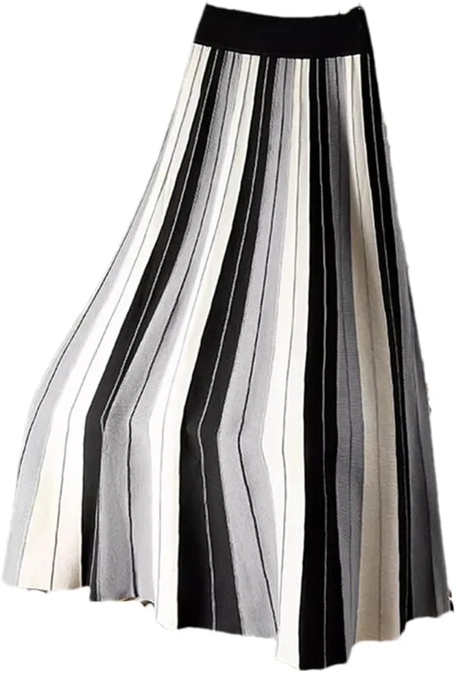 Fnfmrfmr Women Knitted Long Skirt Contrast Striped Print A Line High Waist Pleated Midi Skirt