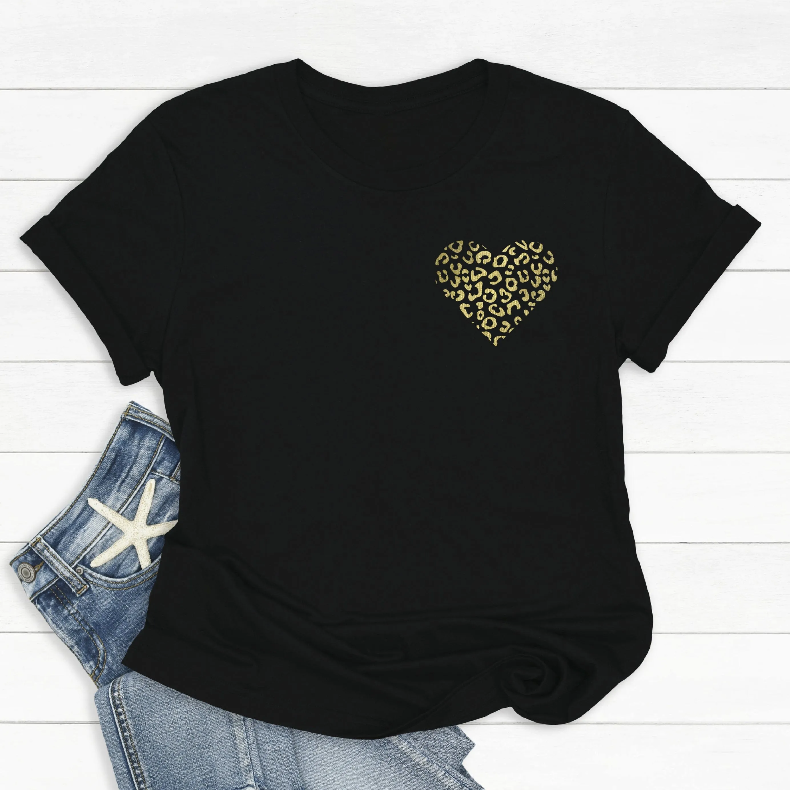 Gold Leopard Heart Ladies T Shirt