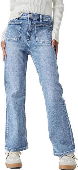 Haloumoning Girls High Waisted Jeans Straight Leg Stretch Demin Pants Cute Casual Trousers with Pockets