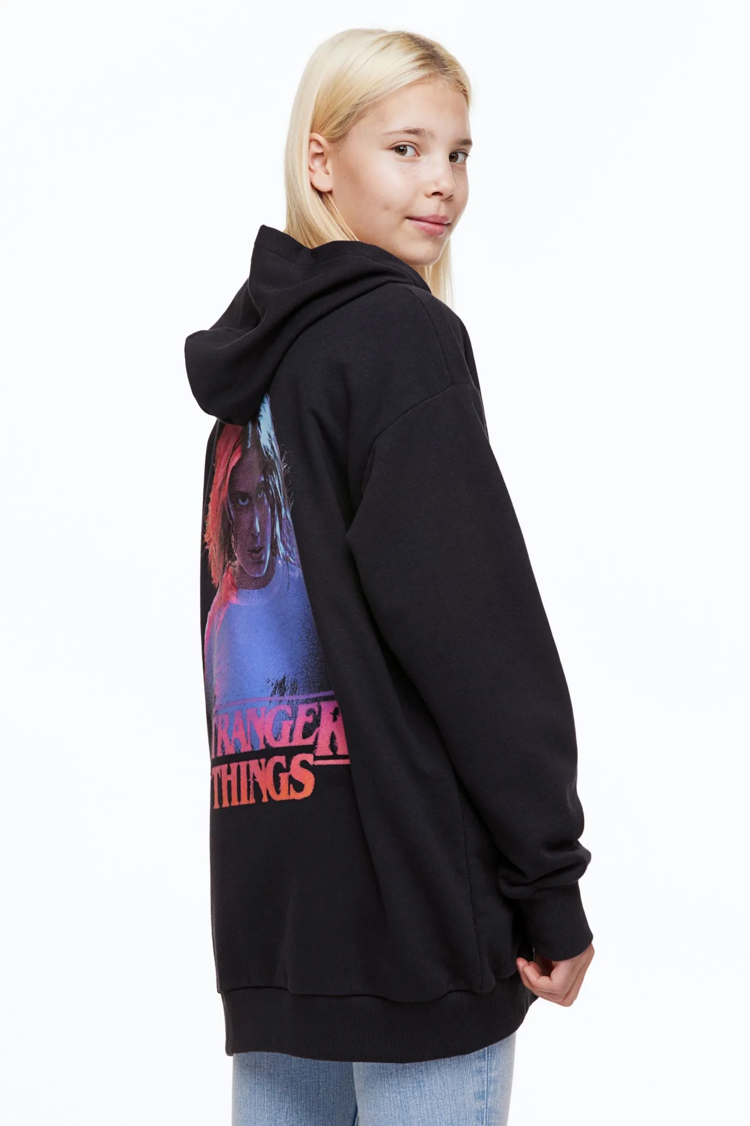 H&M Stranger Things Oversized Printed Zip-through Hoodie, black