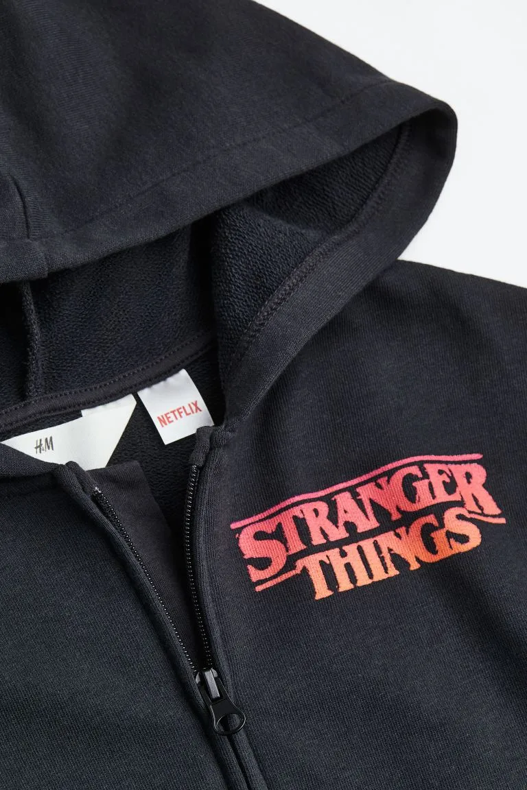 H&M Stranger Things Oversized Printed Zip-through Hoodie, black
