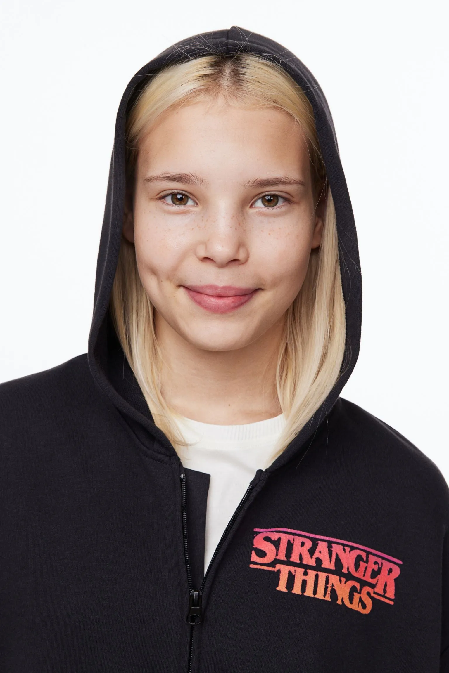 H&M Stranger Things Oversized Printed Zip-through Hoodie, black