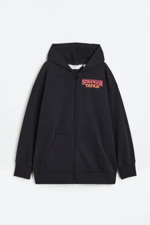 H&M Stranger Things Oversized Printed Zip-through Hoodie, black