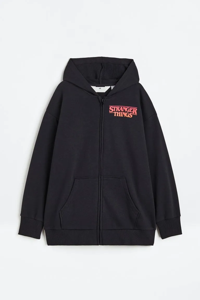 H&M Stranger Things Oversized Printed Zip-through Hoodie, black