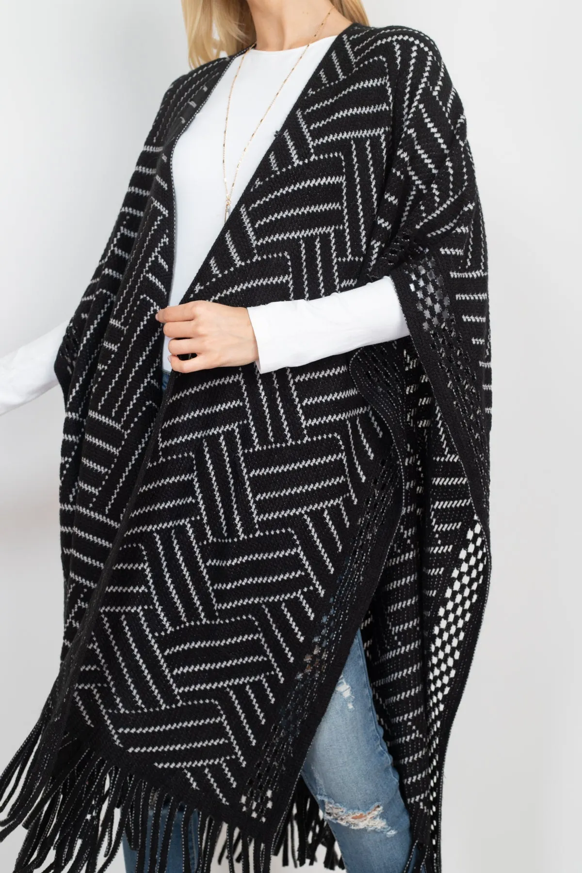 HERRINGBONE PATTERN KNIT FRINGE KIMONO & RUANA (NOW $9.75 ONLY!)