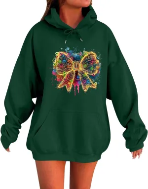 HXHYQKP Womens Oversized Sweatshirt Christmas Plus Size Hoodie Long Sleeve Drop Shoulder Pullover Trendy Y2K Hoodie
