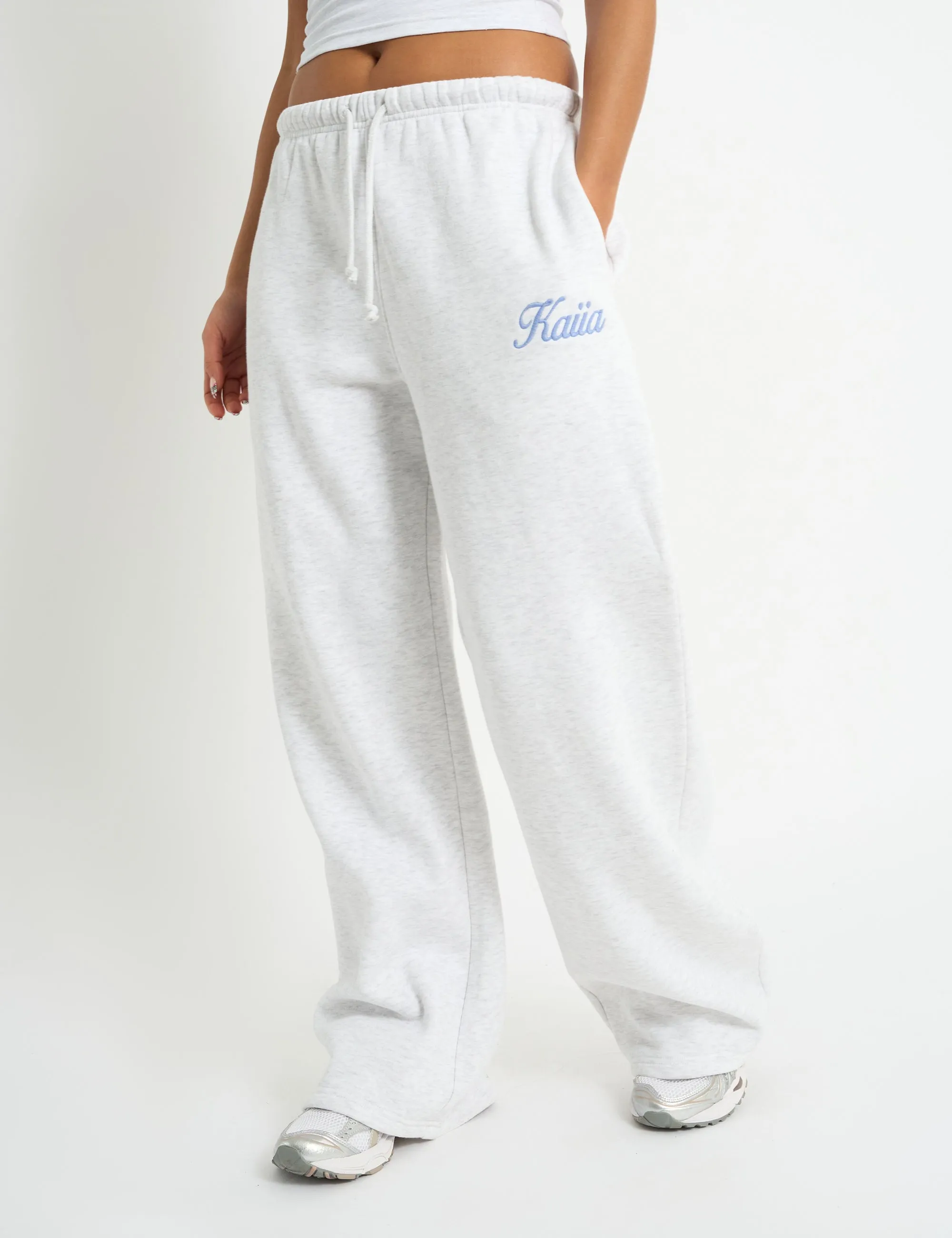 Kaiia Script Logo Wide Leg Joggers Light Grey Marl & Vintage Blue