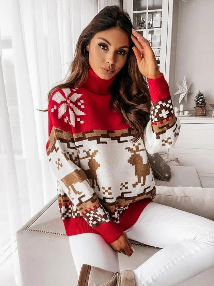 Knit Pullover with Embroidered Reindeer and Snowflake Design