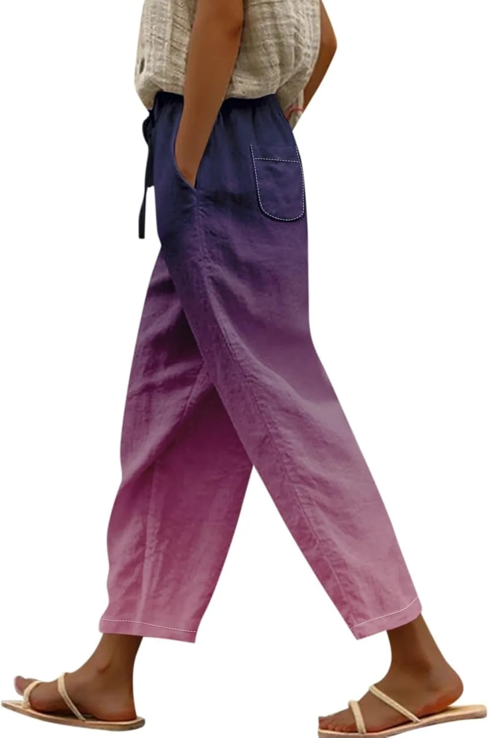 LCMTWX Cotton Linen Pants Women Casual Drawstring Pants Capri Pants 2025 Pants with Pockets Wide Leg Cropped Pants Womens