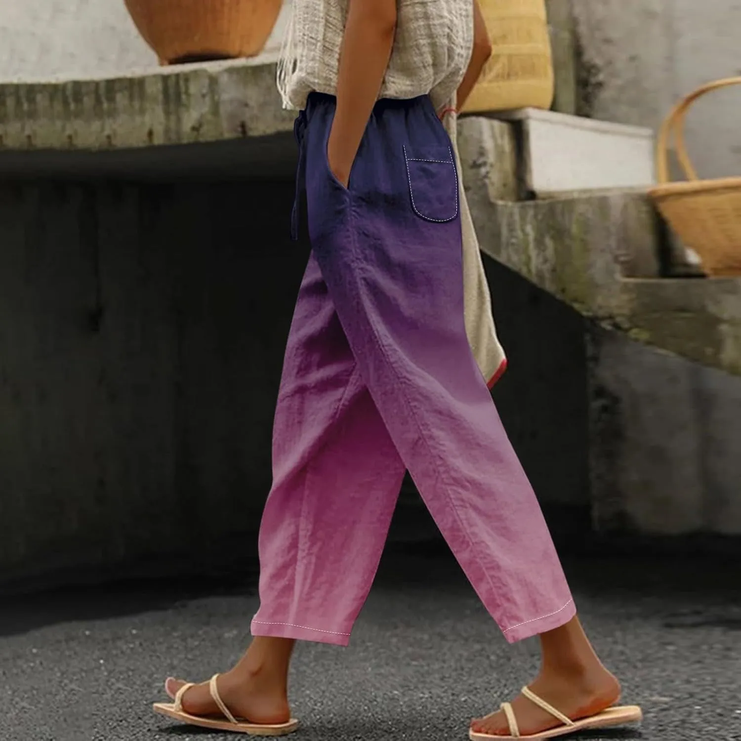 LCMTWX Cotton Linen Pants Women Casual Drawstring Pants Capri Pants 2025 Pants with Pockets Wide Leg Cropped Pants Womens