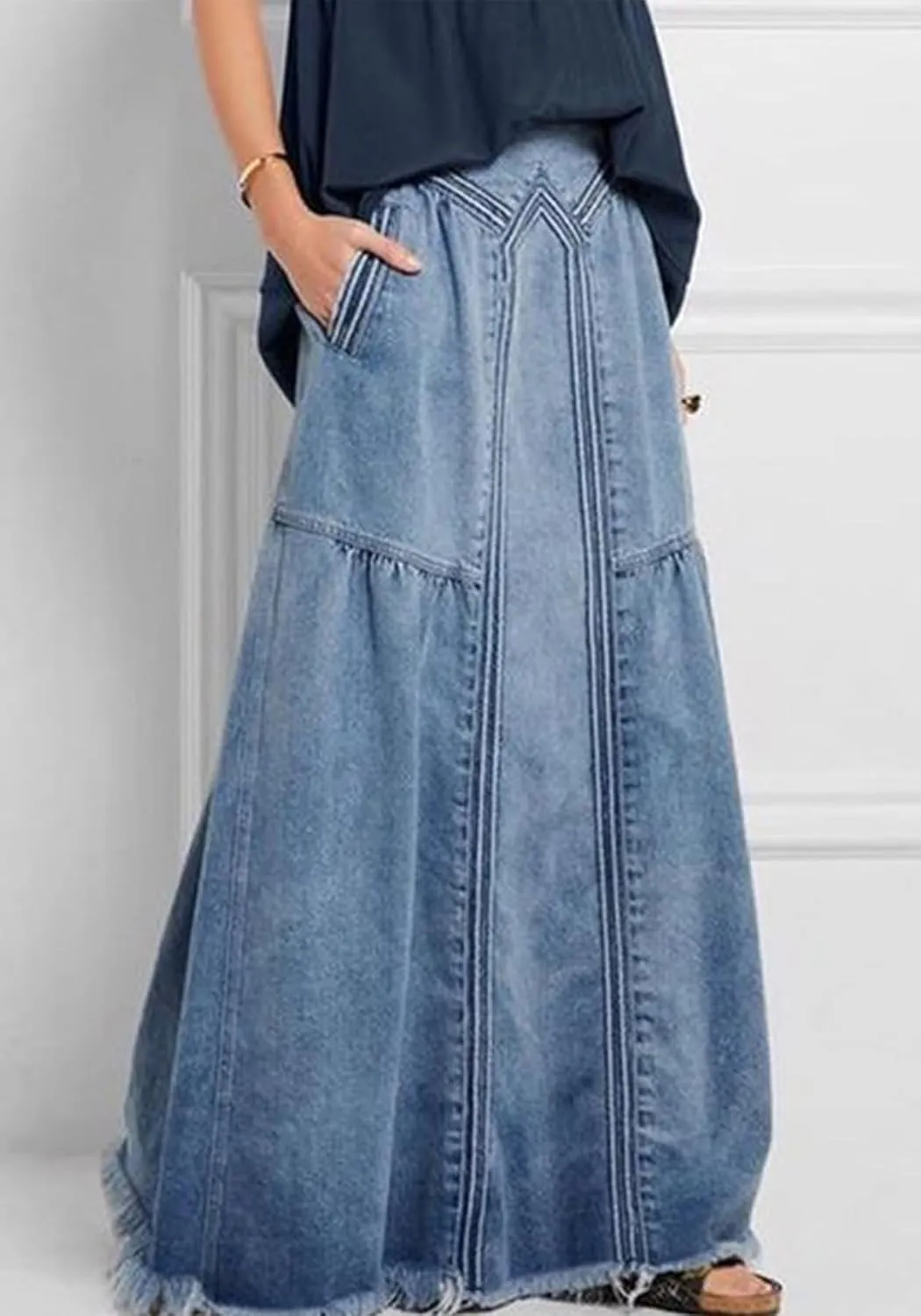 LETSVDO Women's Casual Maxi Denim Skirt Cargo High Waist A Line Asymmetrical Flowy Hippie Flare Long Jean Skirts