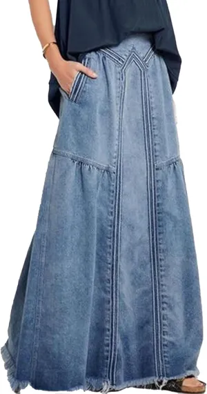 LETSVDO Women's Casual Maxi Denim Skirt Cargo High Waist A Line Asymmetrical Flowy Hippie Flare Long Jean Skirts