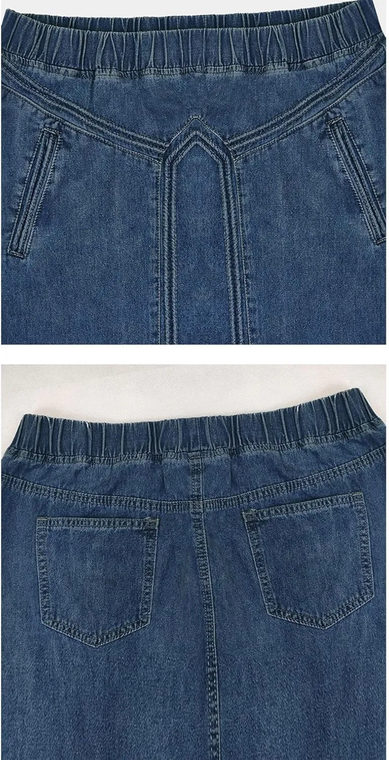 LETSVDO Women's Casual Maxi Denim Skirt Cargo High Waist A Line Asymmetrical Flowy Hippie Flare Long Jean Skirts