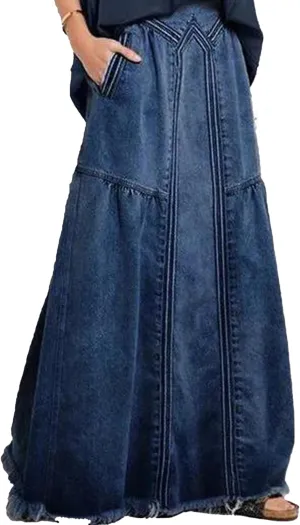 LETSVDO Women's Casual Maxi Denim Skirt Cargo High Waist A Line Asymmetrical Flowy Hippie Flare Long Jean Skirts